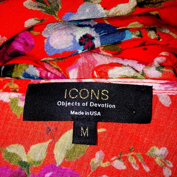 ICONS Objects of Devotion Floral Dress puff sleeve Red Pink Ruffle Neckline Hem - Picture 3 of 15